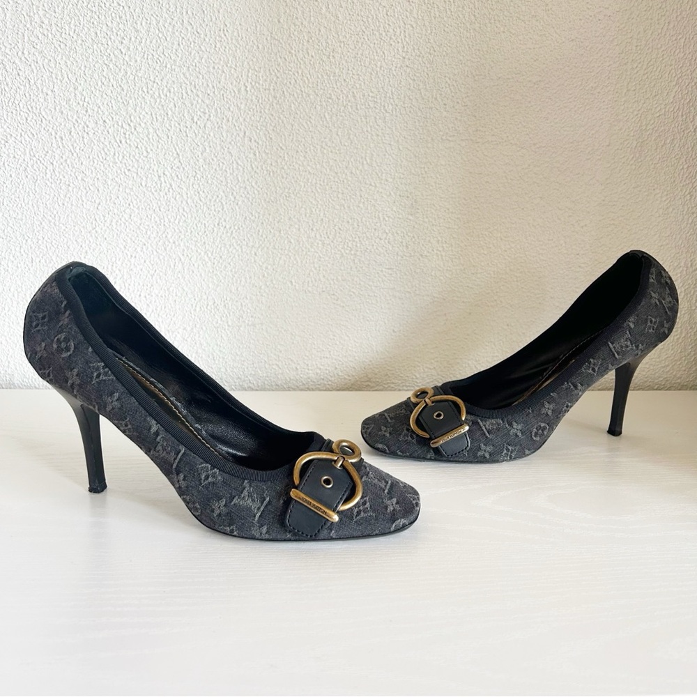 Louis Vuitton Vintage Monogram Canvas Black Gray Buckle Heels Pumps Size EU 39.5 - Picture 2 of 15